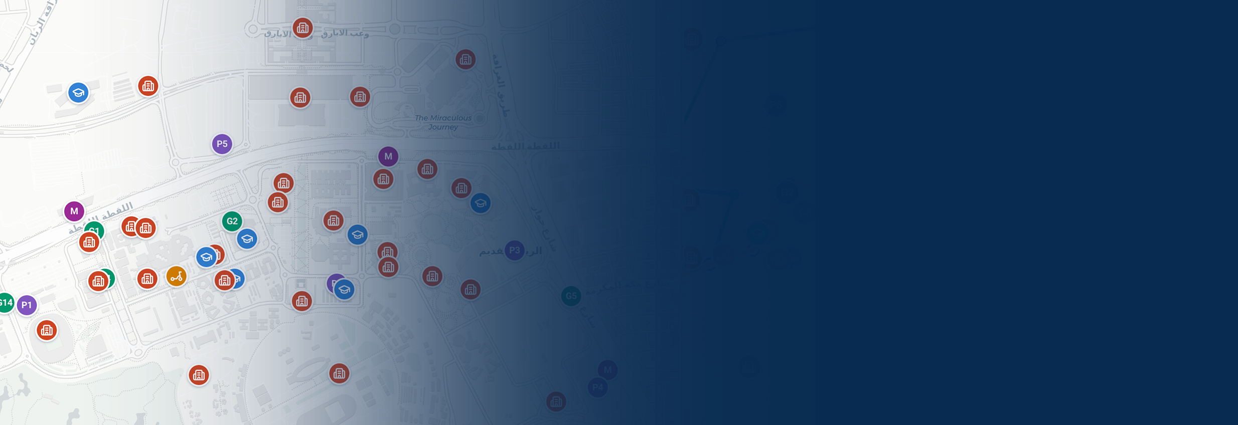 Interactive map of Education City with pins for the HBKU colleges, metro stations, parking and key Education City landmarks
