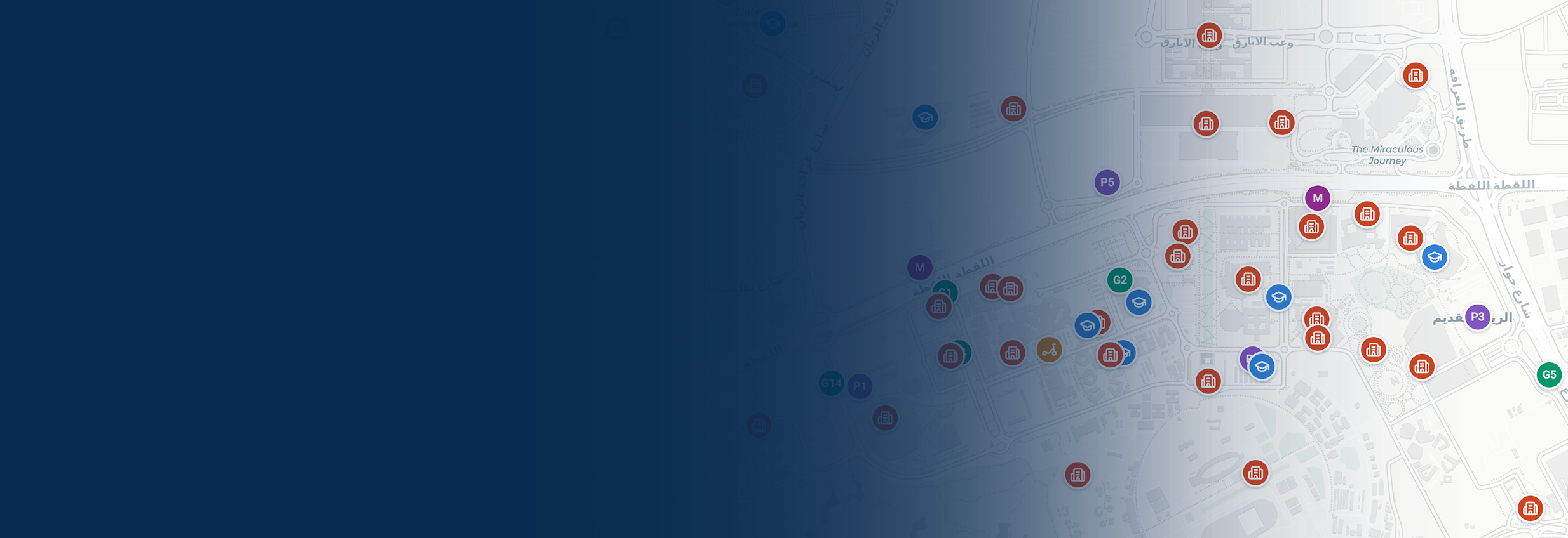 Interactive map of Education City with pins for the HBKU colleges, metro stations, parking and key Education City landmarks