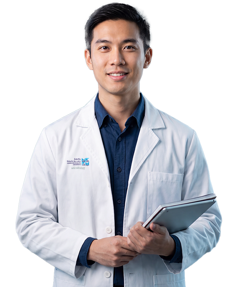 HBKU student in a branded white lab coat holding a laptop