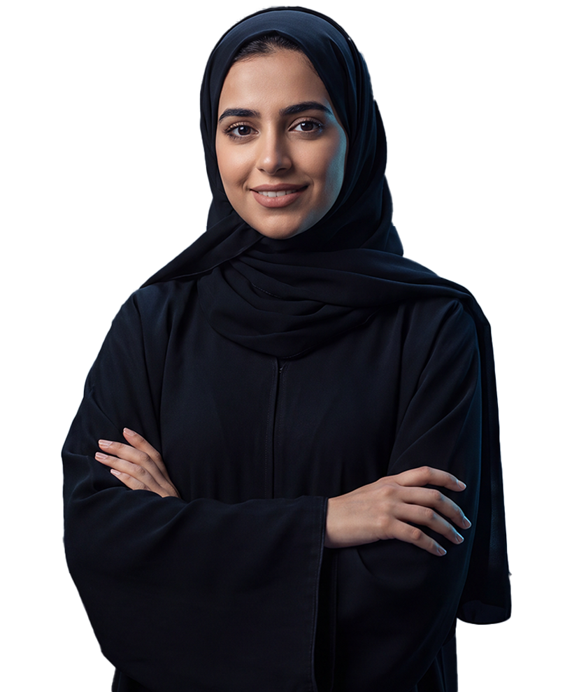 HBKU student in a black abaya and hijab standing with her arms crossed