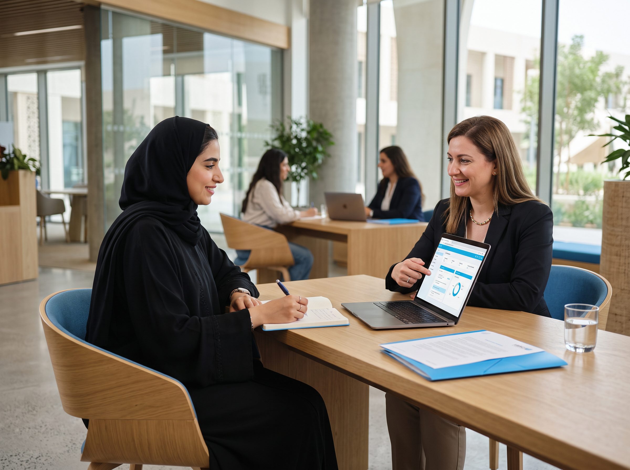 An academic advisor reviewing a course plan on a tablet with a student taking notes