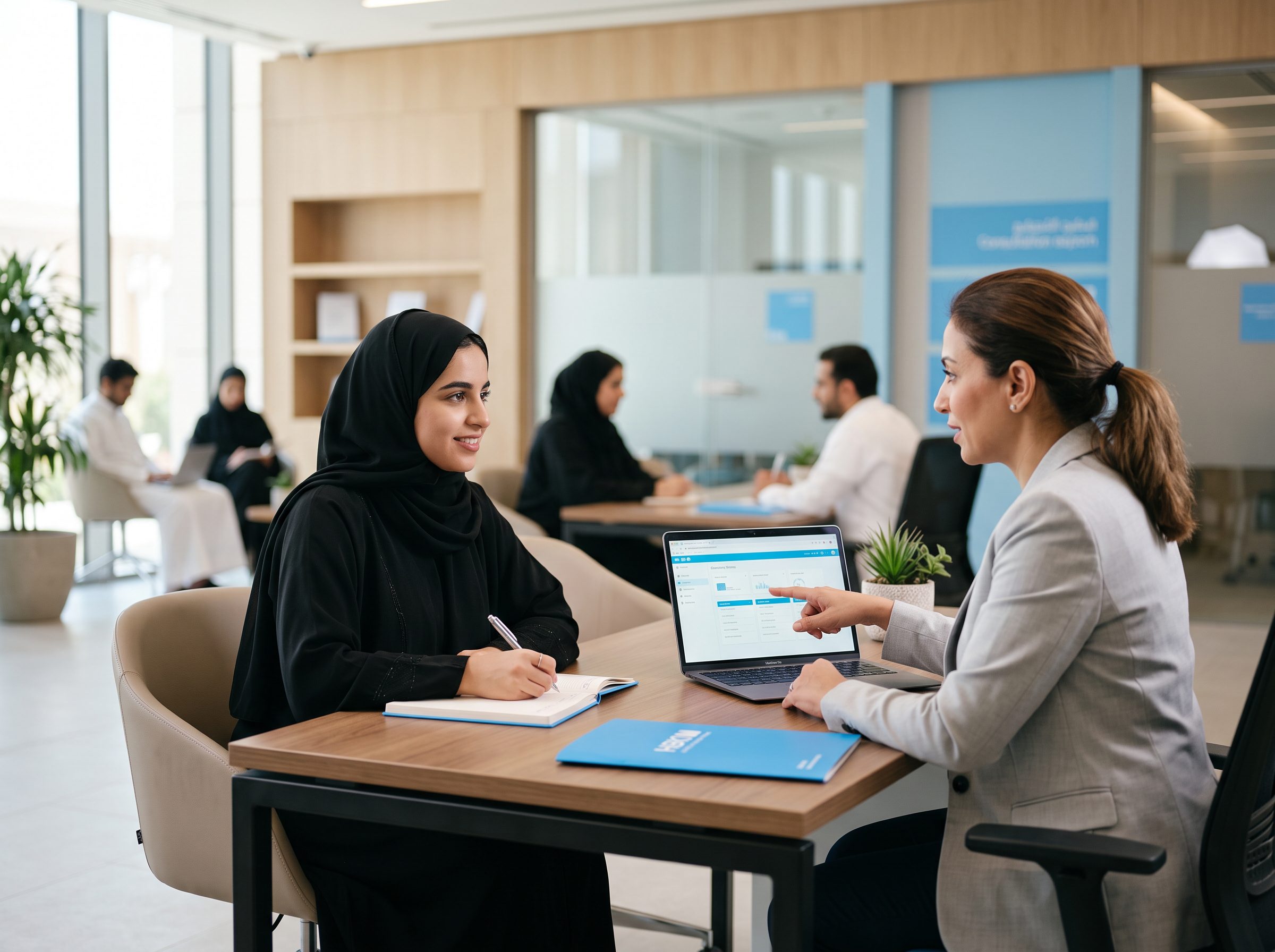 A student meeting a staff member to explore campus activities and sign-ups on a laptop