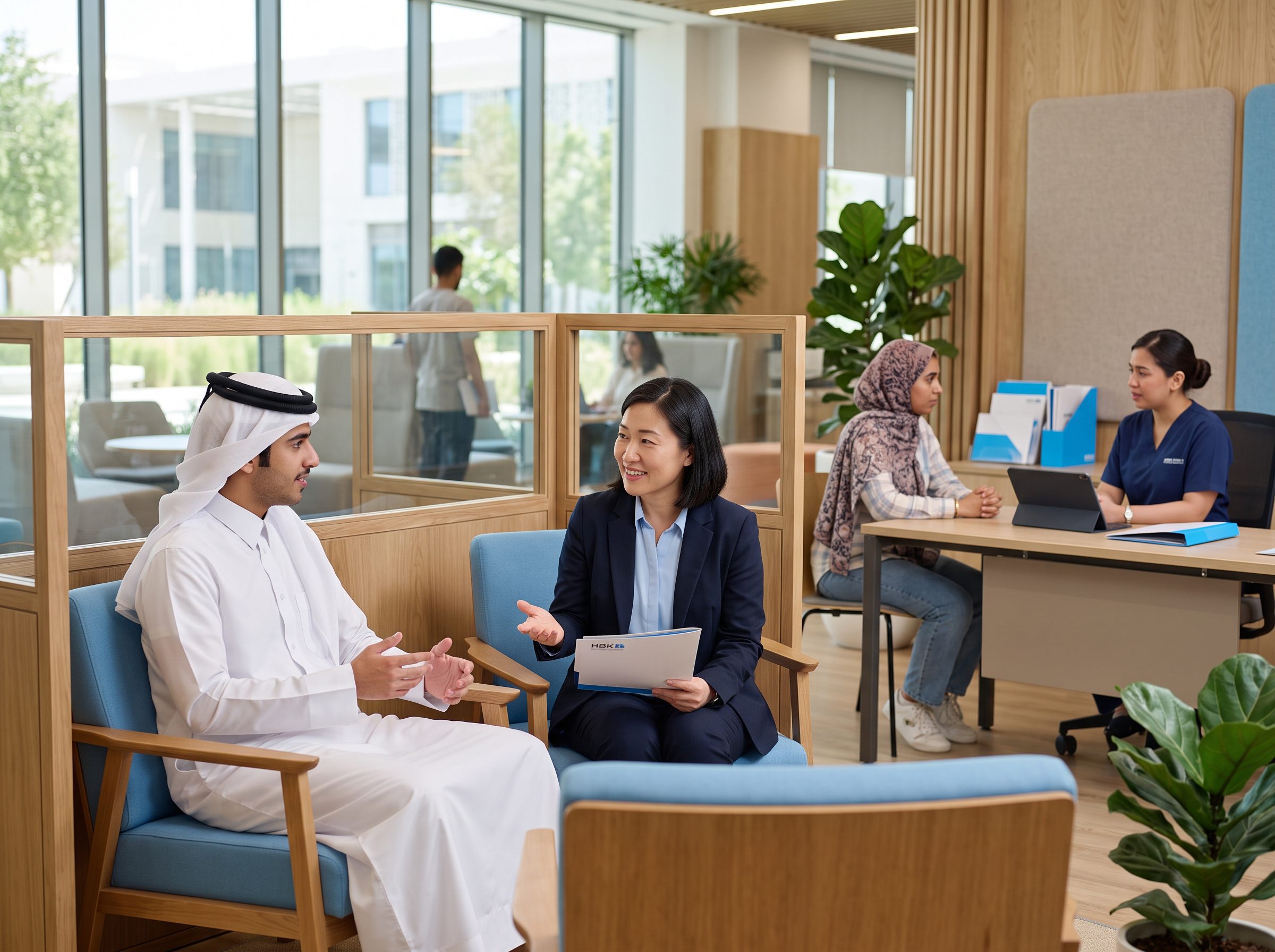 A student meeting a wellbeing adviser one-to-one in a calm campus support lounge