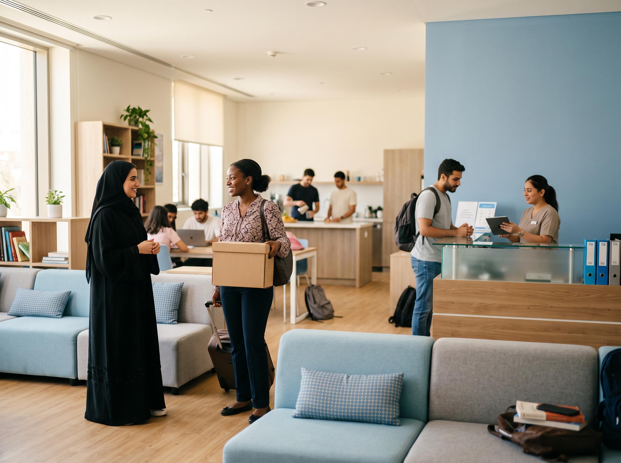 A new student arriving at a campus residence with a moving box and suitcase as staff check her in