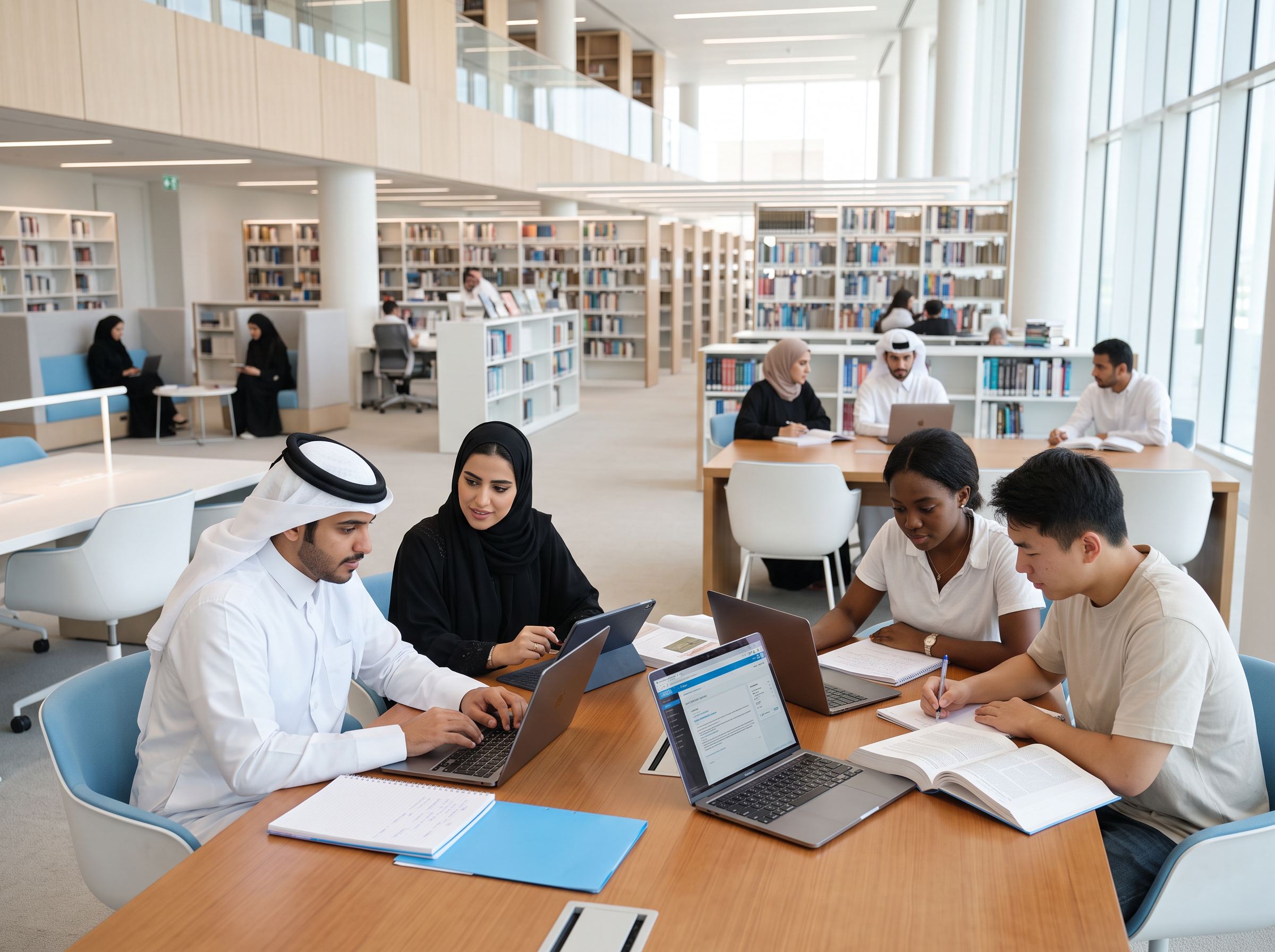 Students studying together with laptops and books in the campus library