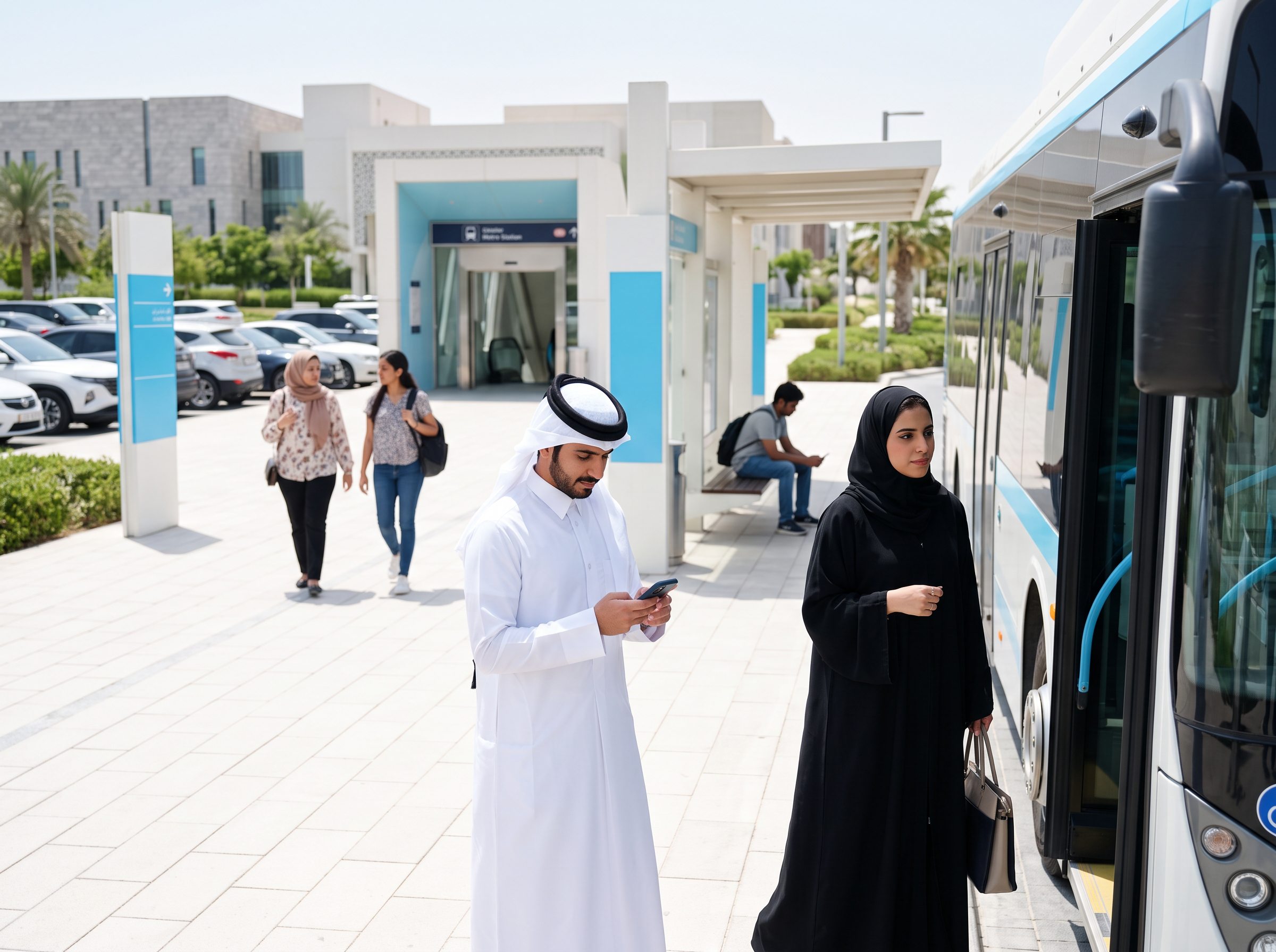Students boarding a campus shuttle bus beside the Education City metro station
